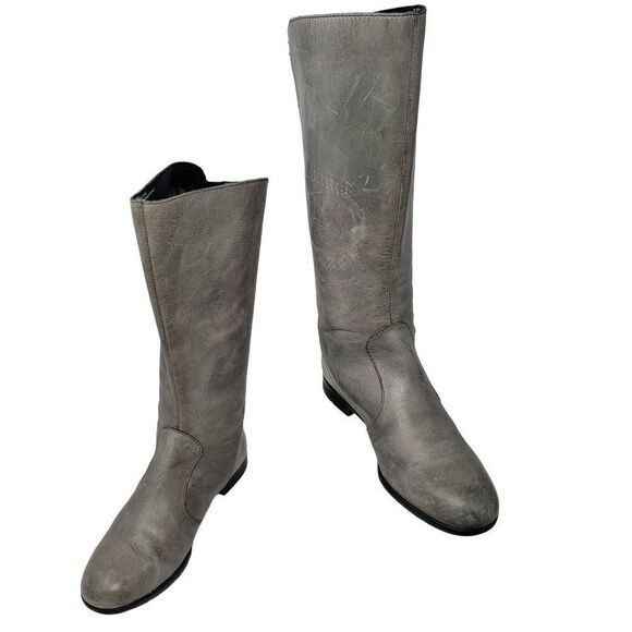Born Gray Tall Distressed Leather Boots 7 Button Flat Zip Up Mid Calf Boho - Picture 13 of 13
